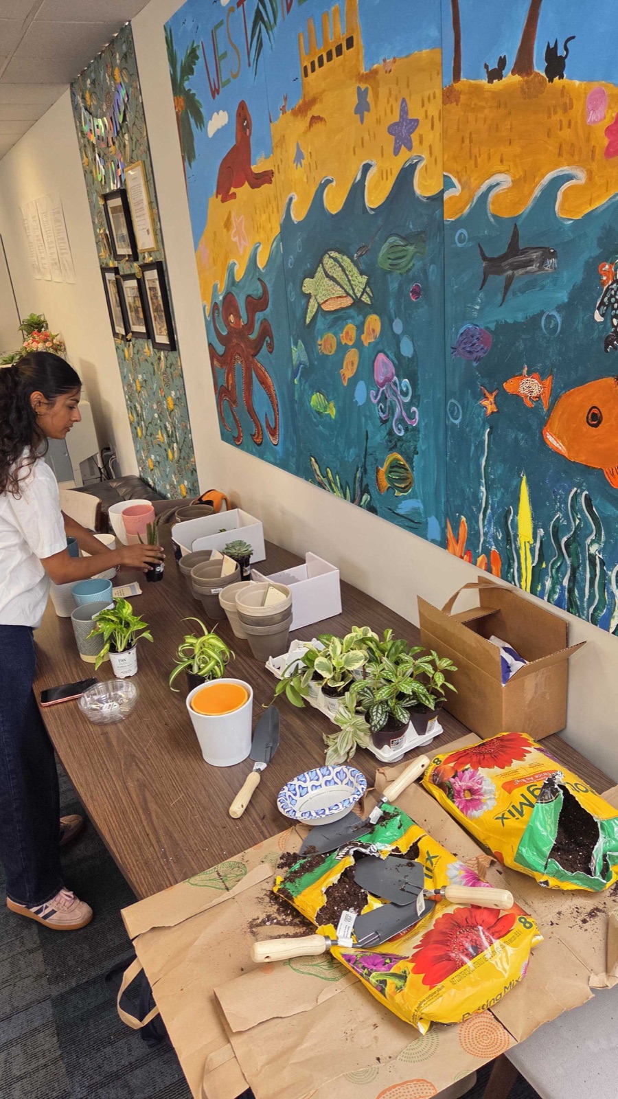 Plants, pots, and supplies prepared for the Growing Together activity